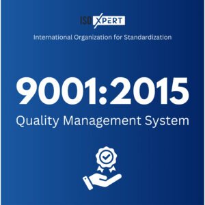 Blue background graphic displaying ISO Xpert branding with the text 'International Organization for Standardization 9001:2015 Quality Management System' and an icon of a hand holding a ribbon badge with a check mark