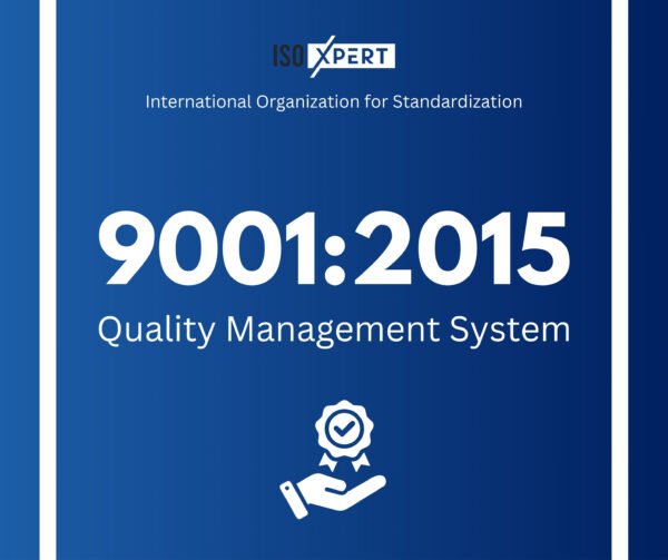 Quality Management System Blue background graphic displaying ISO Xpert branding with the text 'International Organization for Standardization 9001:2015 Quality Management System' and an icon of a hand holding a ribbon badge with a check mark
